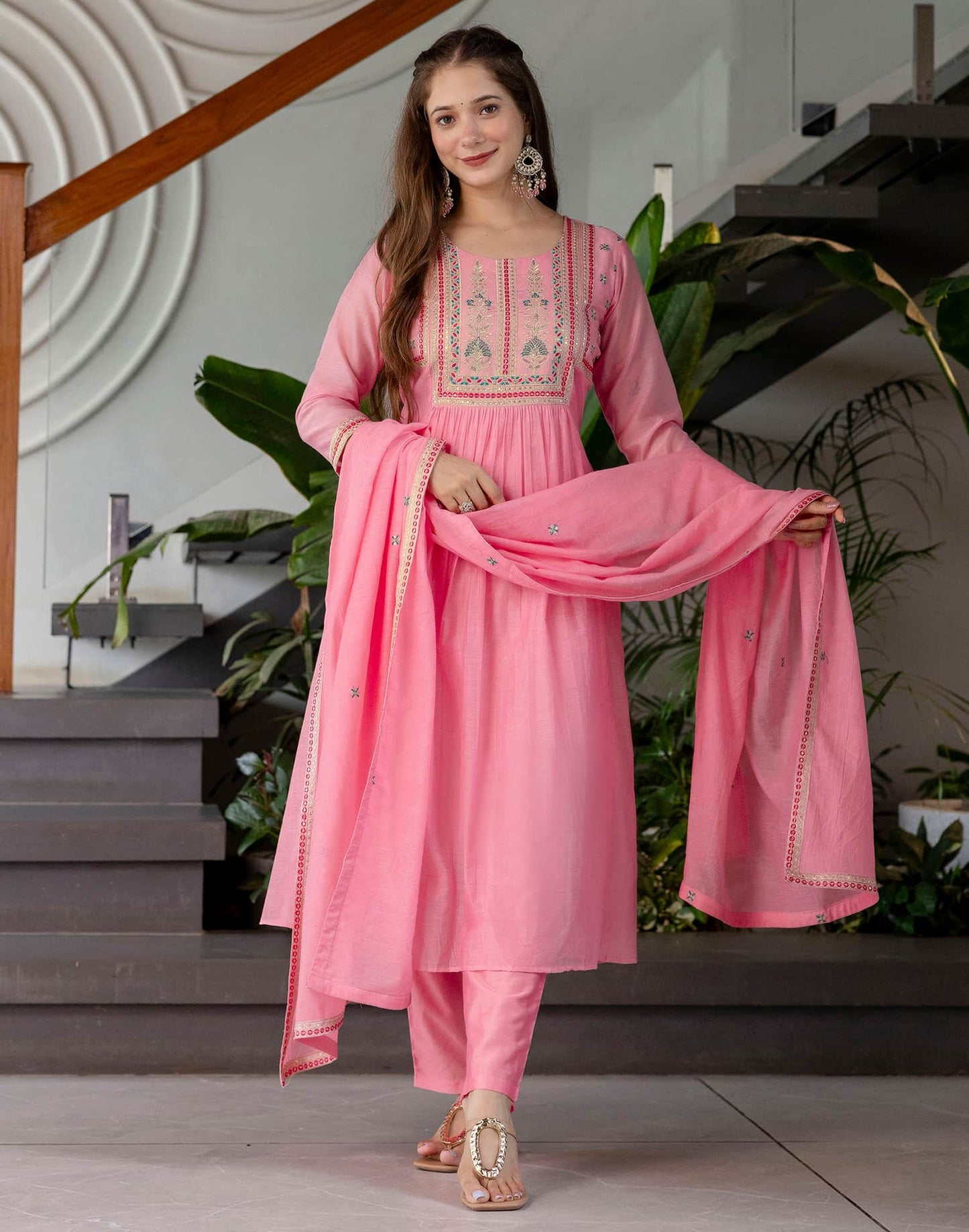 Silk Blend Embroidered Anarkali Kurta with Pant & Dupatta