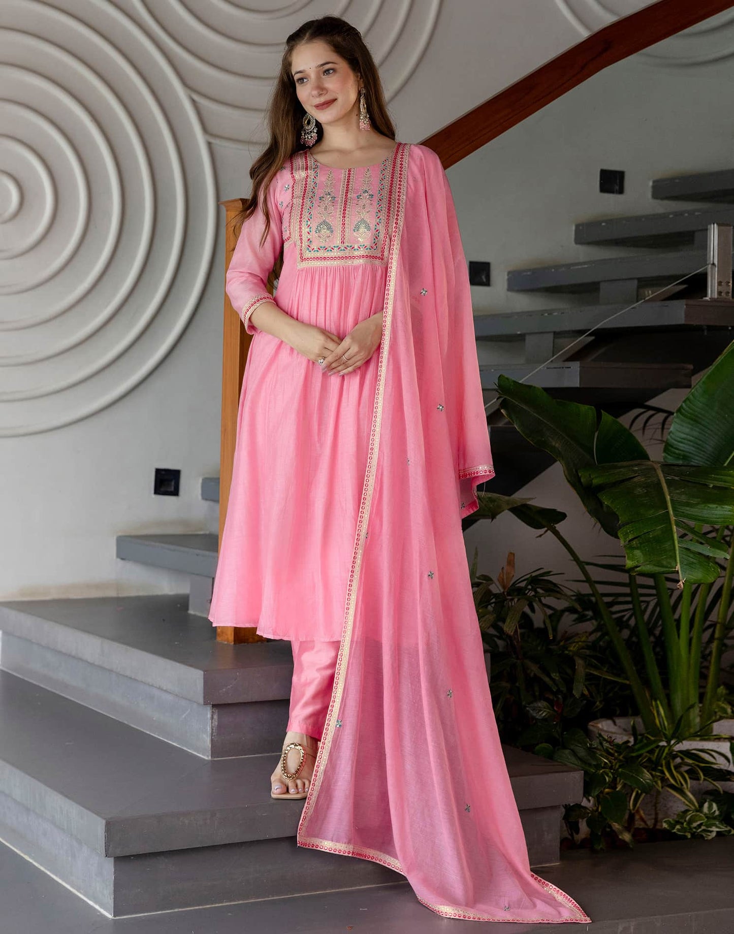 Silk Blend Embroidered Anarkali Kurta with Pant & Dupatta