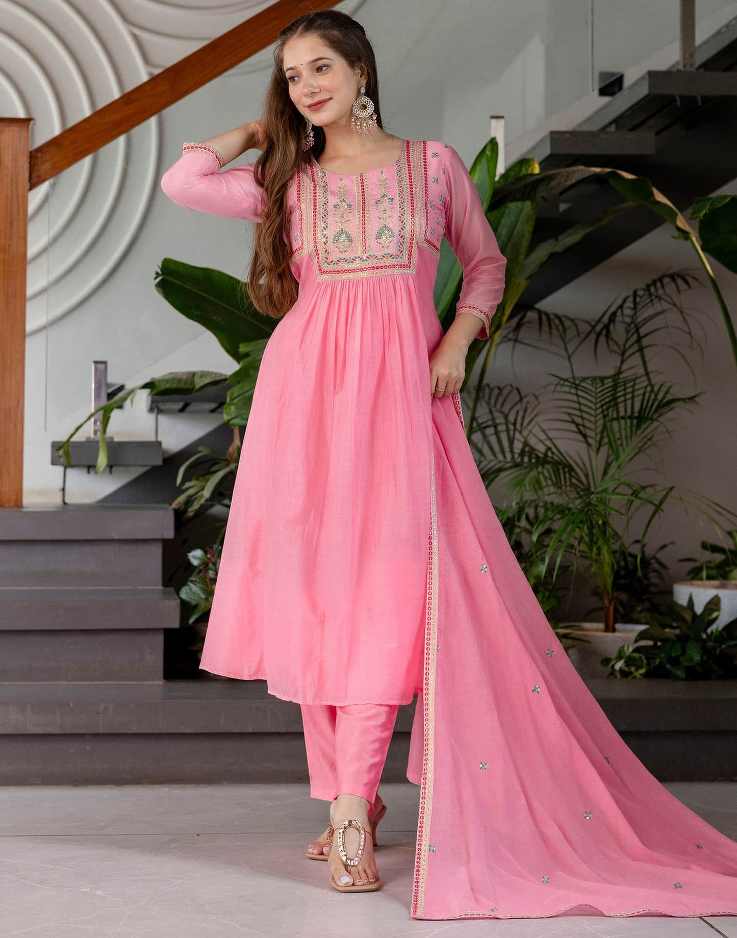 Silk Blend Embroidered Anarkali Kurta with Pant & Dupatta