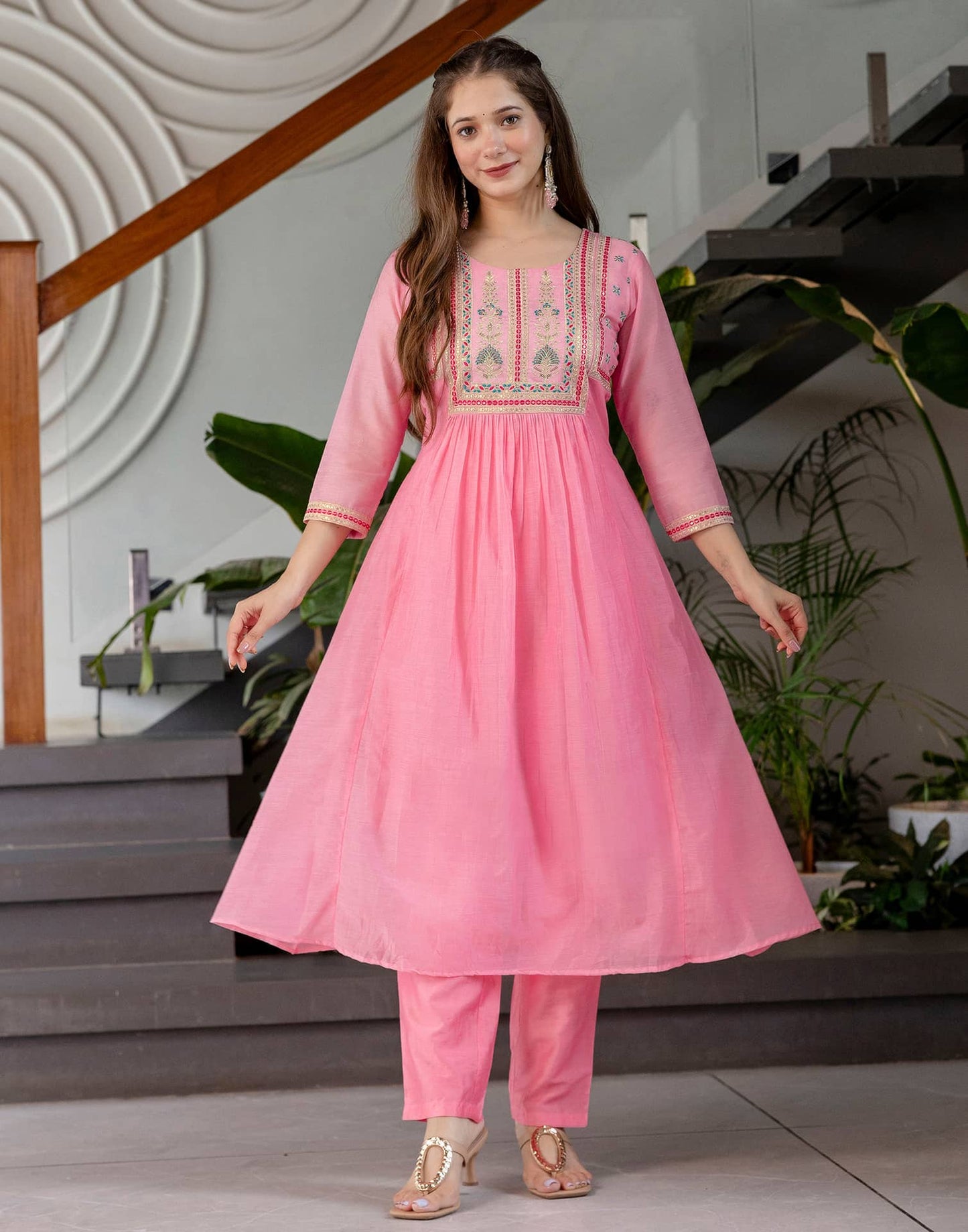 Silk Blend Embroidered Anarkali Kurta with Pant & Dupatta