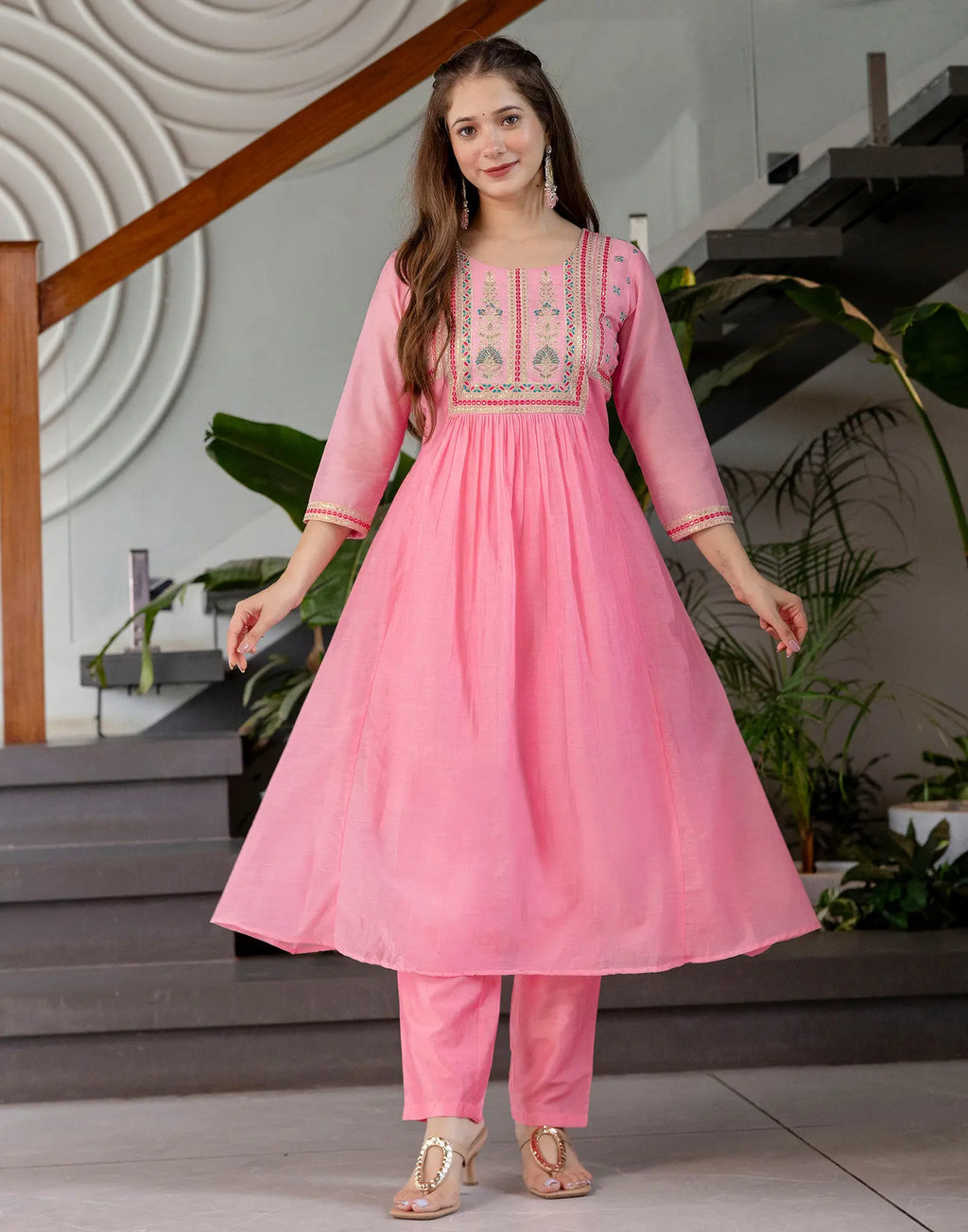 Chanderi Embroidered Anarkali 3 Piece Kurta Set