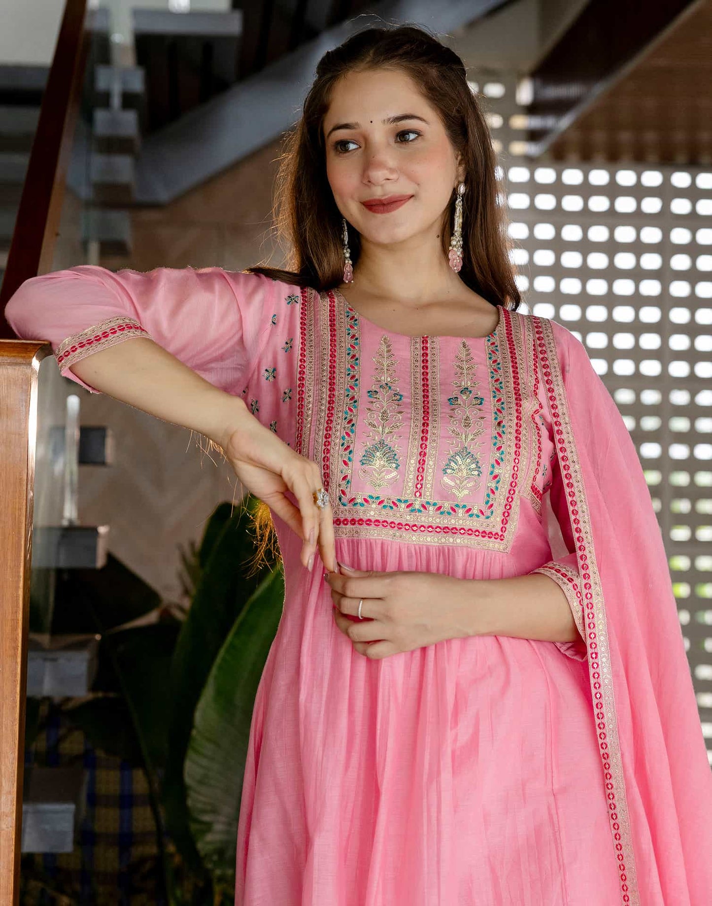 Silk Blend Embroidered Anarkali Kurta with Pant & Dupatta
