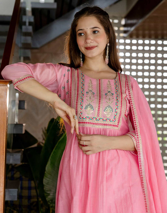 Silk Blend Embroidered Anarkali Kurta with Pant & Dupatta