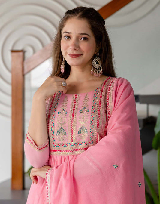 Silk Blend Embroidered Anarkali Kurta with Pant & Dupatta