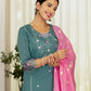 Silk Blend Embroidered Straight Kurta with Pant & Dupatta