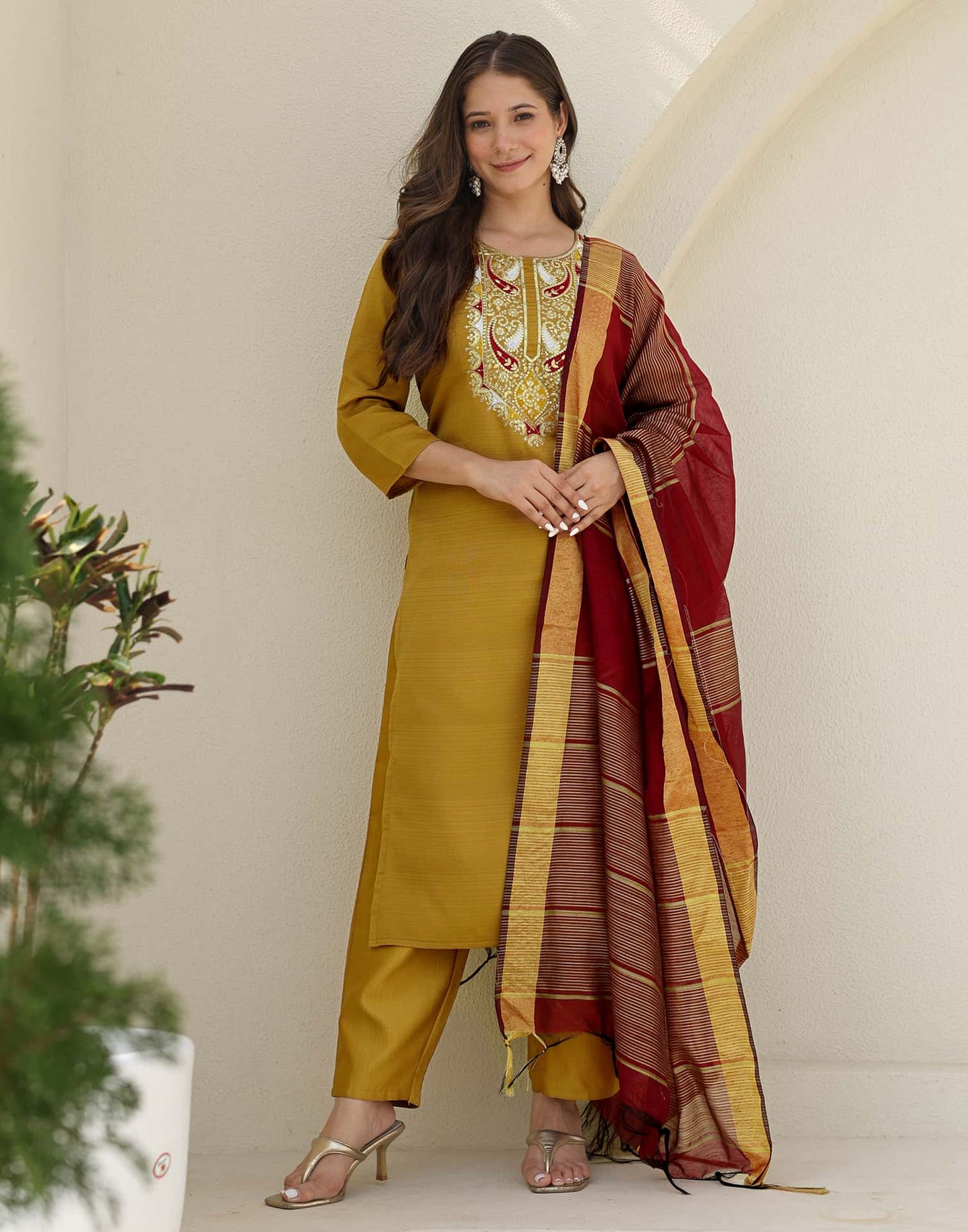 Silk Embroidered Straight Kurta with Pant & Dupatta