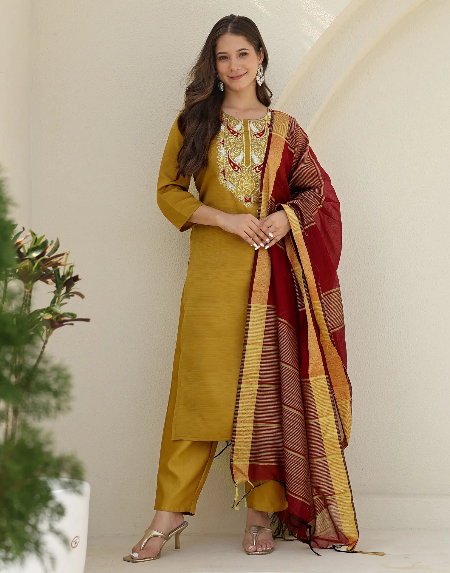 Silk Blend Embroidered Straight 3 Piece Kurta Set