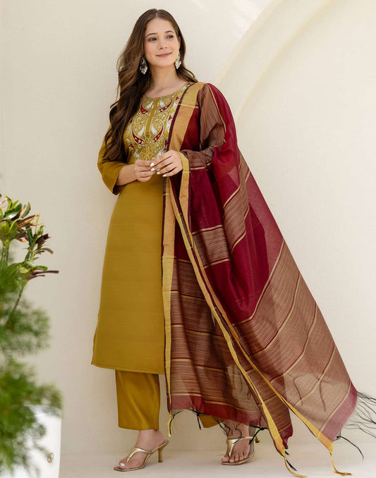 Silk Embroidered Straight Kurta with Pant & Dupatta