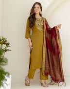 Silk Blend Embroidered Straight 3 Piece Kurta Set