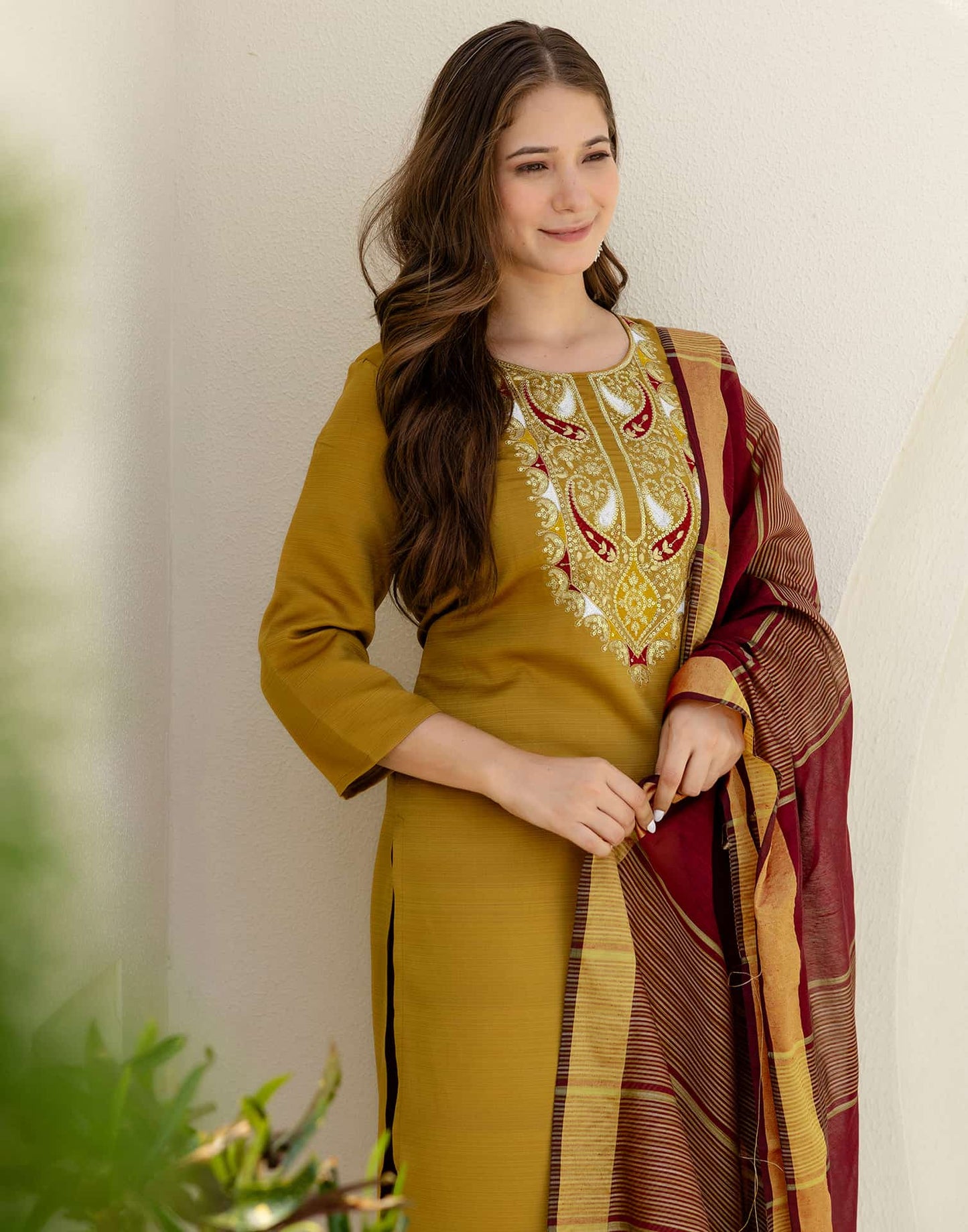 Silk Embroidered Straight Kurta with Pant & Dupatta