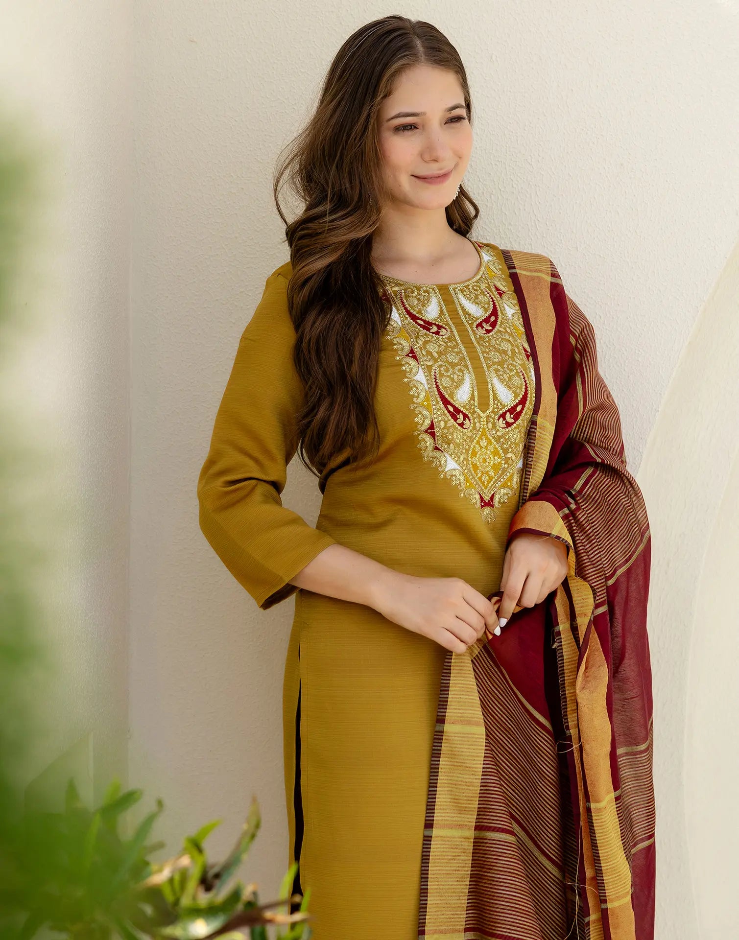Silk Blend Embroidered Straight 3 Piece Kurta Set