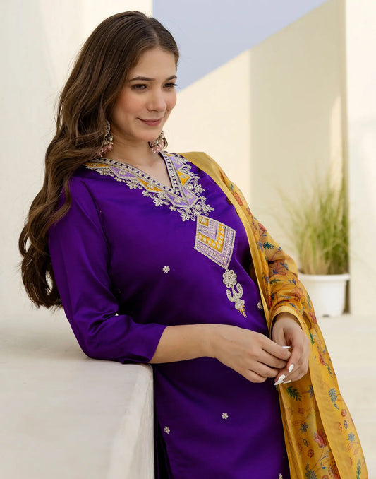 Silk Blend Embroidered Straight 3 Piece Kurta Set