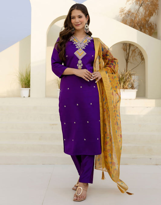 Silk Embroidered Straight Kurta with Pant & Dupatta