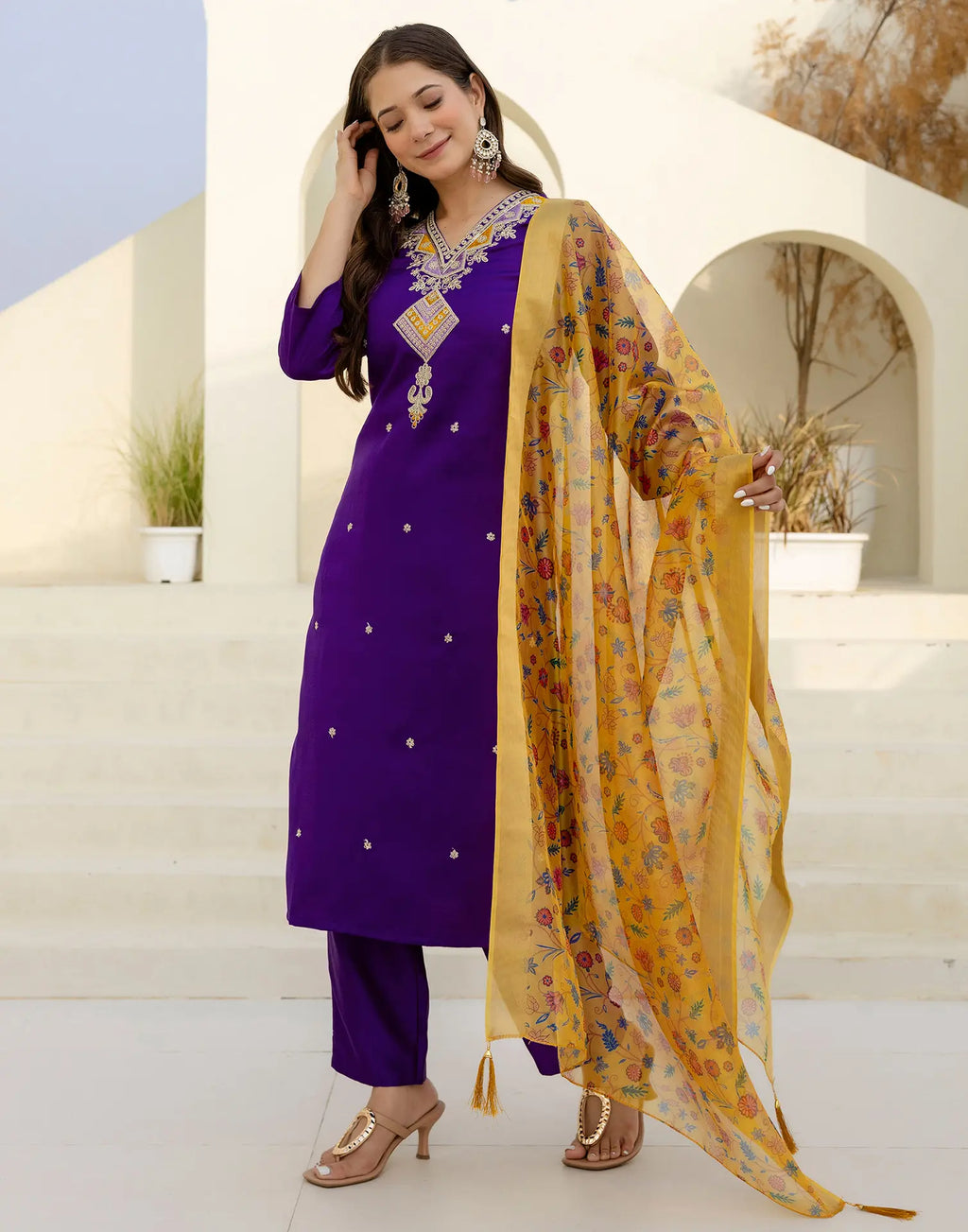 Silk Blend Embroidered Straight 3 Piece Kurta Set