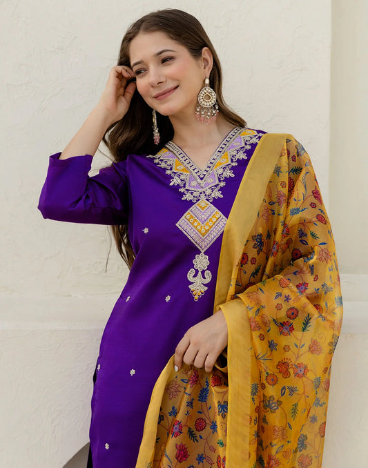 Silk Blend Embroidered Straight 3 Piece Kurta Set