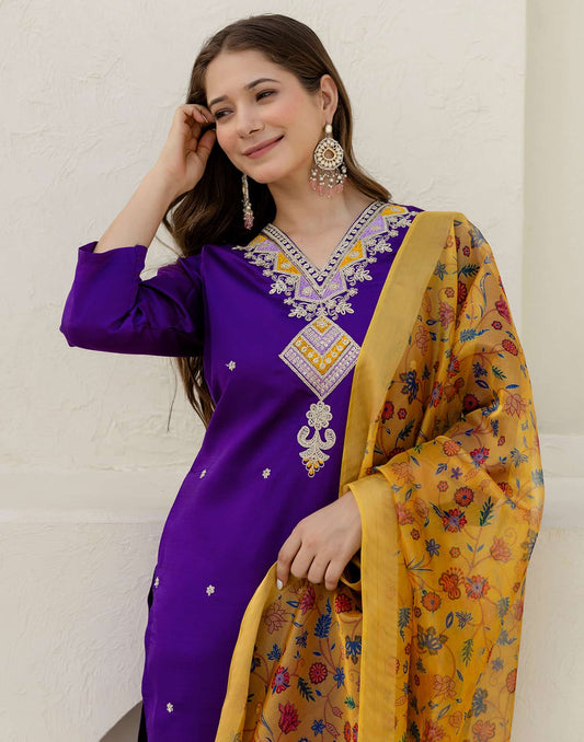 Silk Embroidered Straight Kurta with Pant & Dupatta