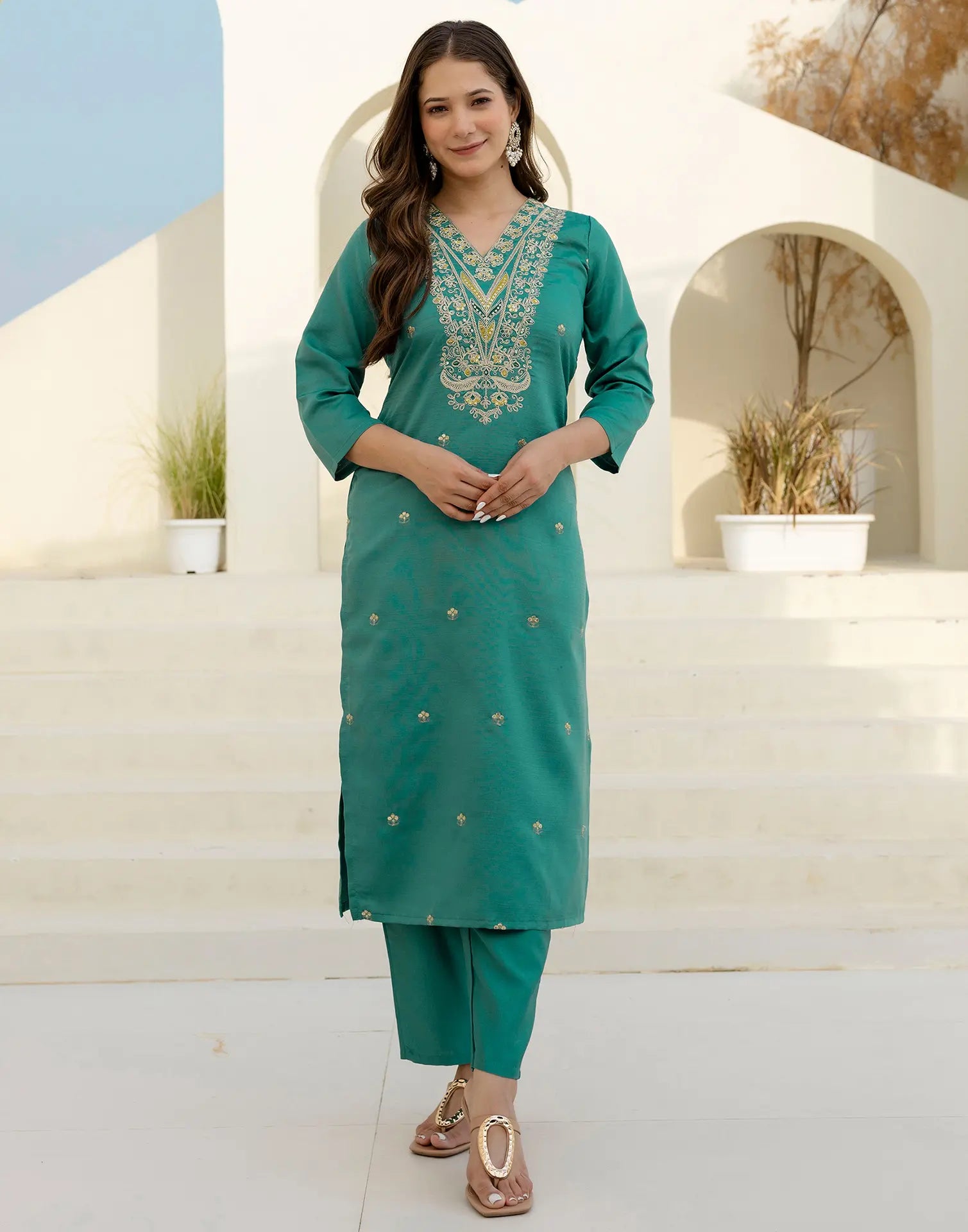 Silk Blend Embroidered Straight 3 Piece Kurta Set