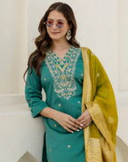 Silk Blend Embroidered Straight 3 Piece Kurta Set