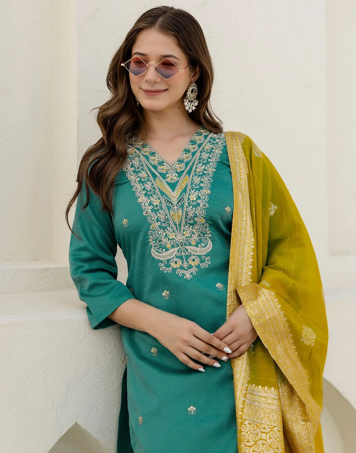 Silk Blend Embroidered Straight 3 Piece Kurta Set
