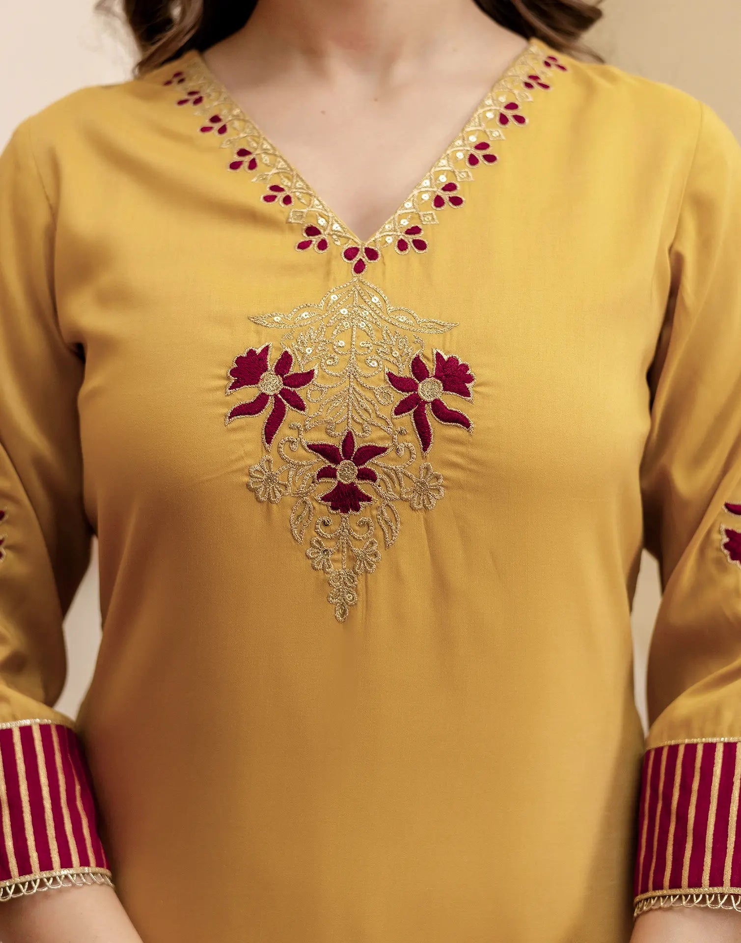 Poly Chinnon Embroidered Straight 3 Piece Kurta Set
