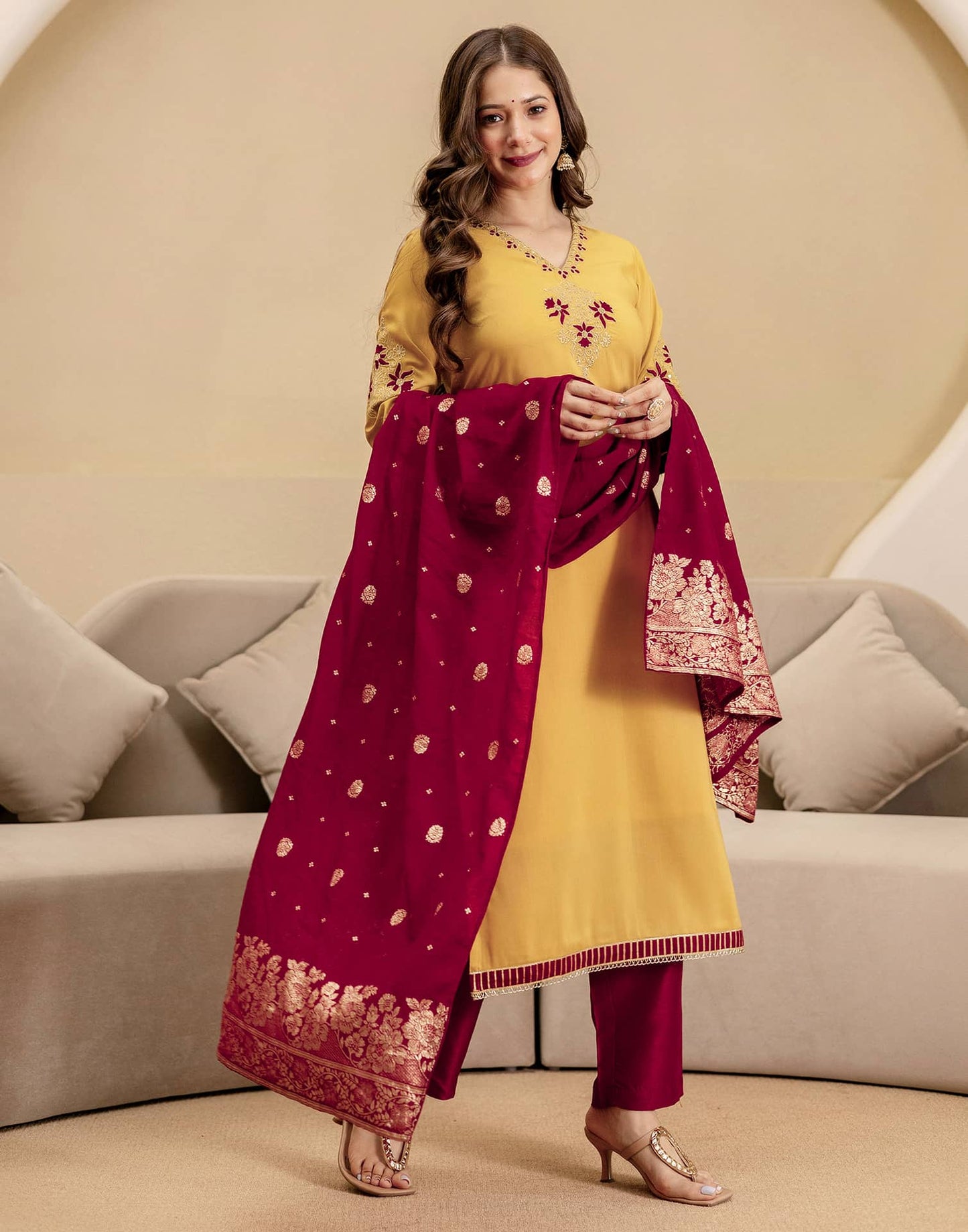 Silk Straight Embroidery V-Neck Kurta with Pant & Dupatta