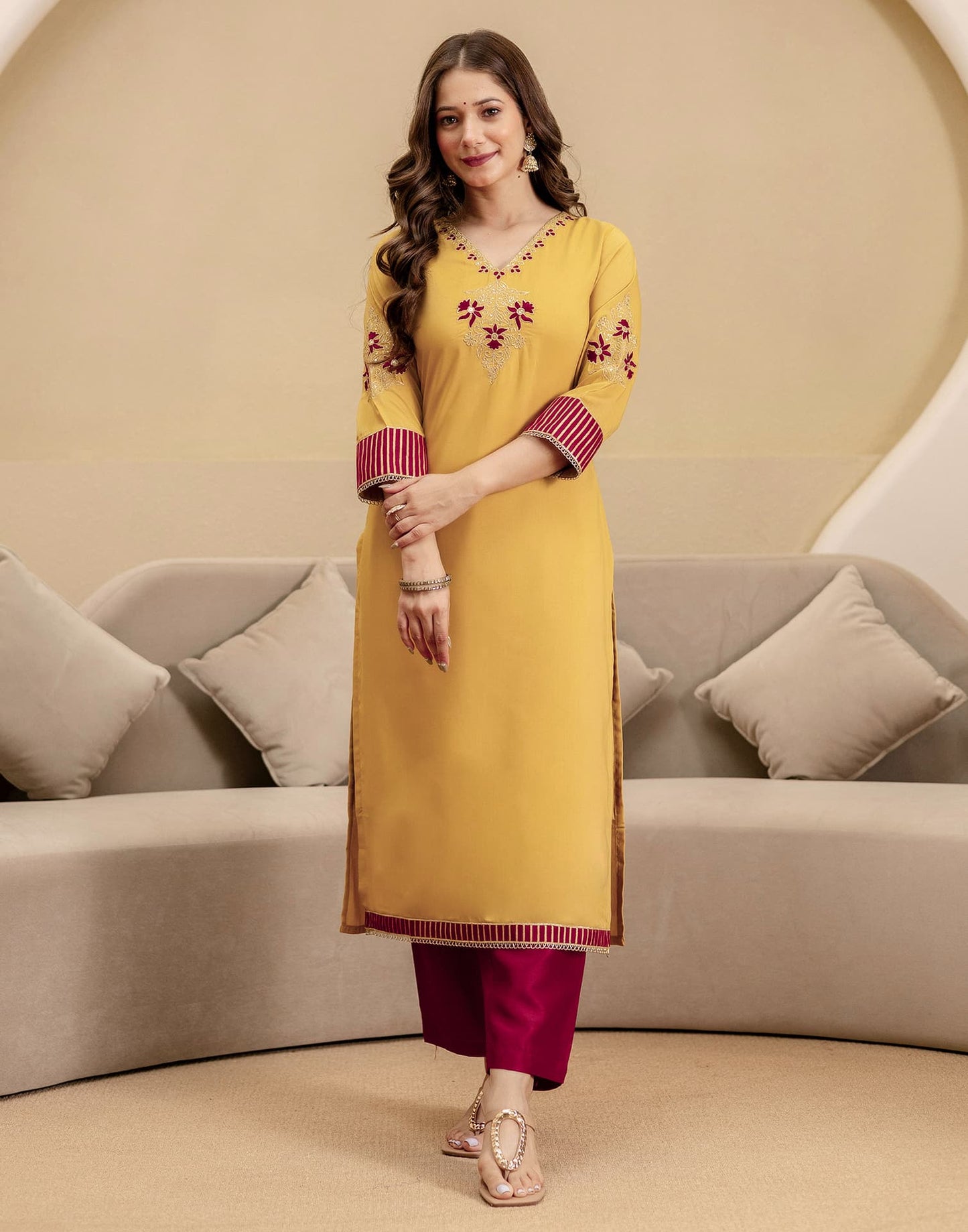 Silk Straight Embroidery V-Neck Kurta with Pant & Dupatta
