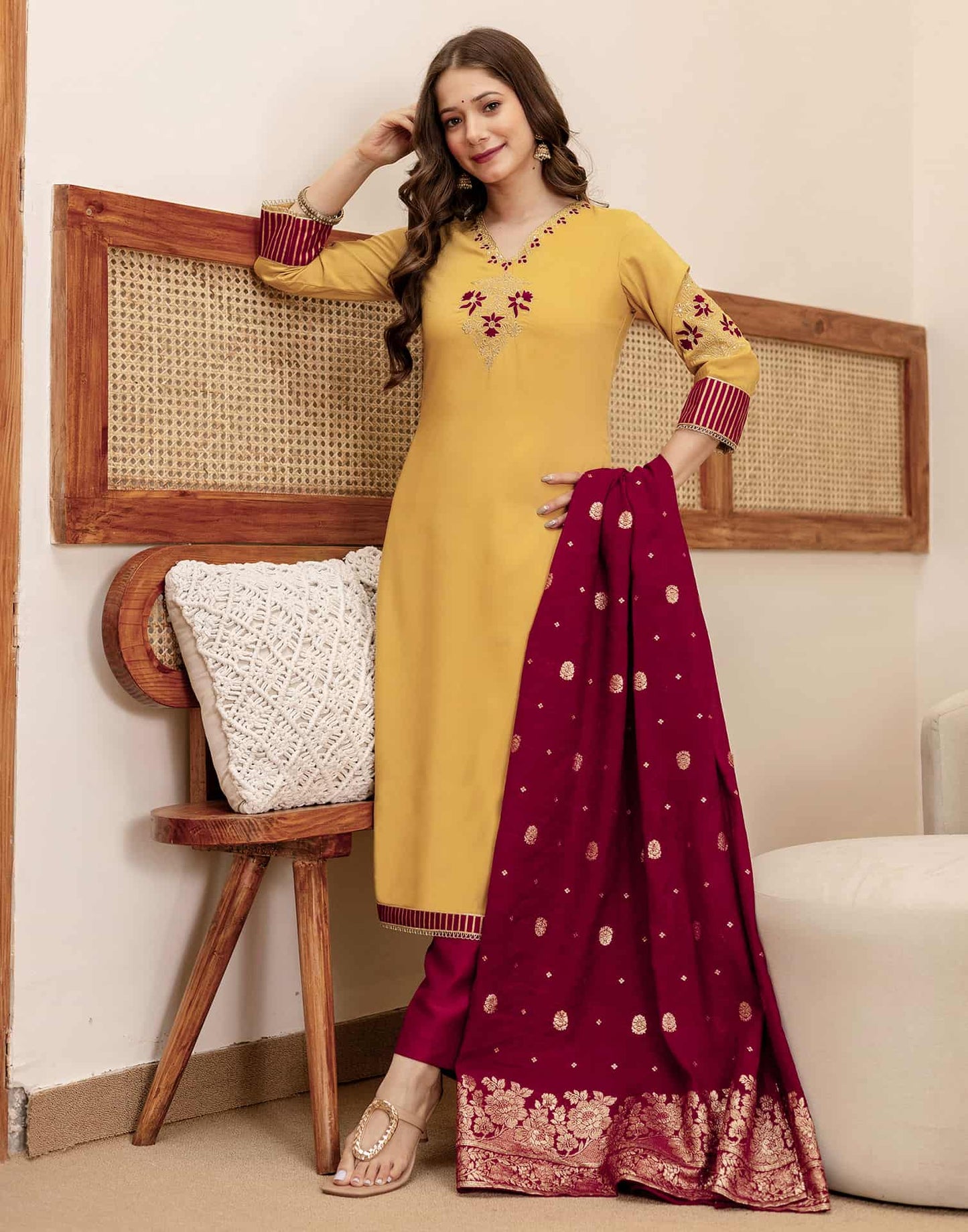 Silk Straight Embroidery V-Neck Kurta with Pant & Dupatta