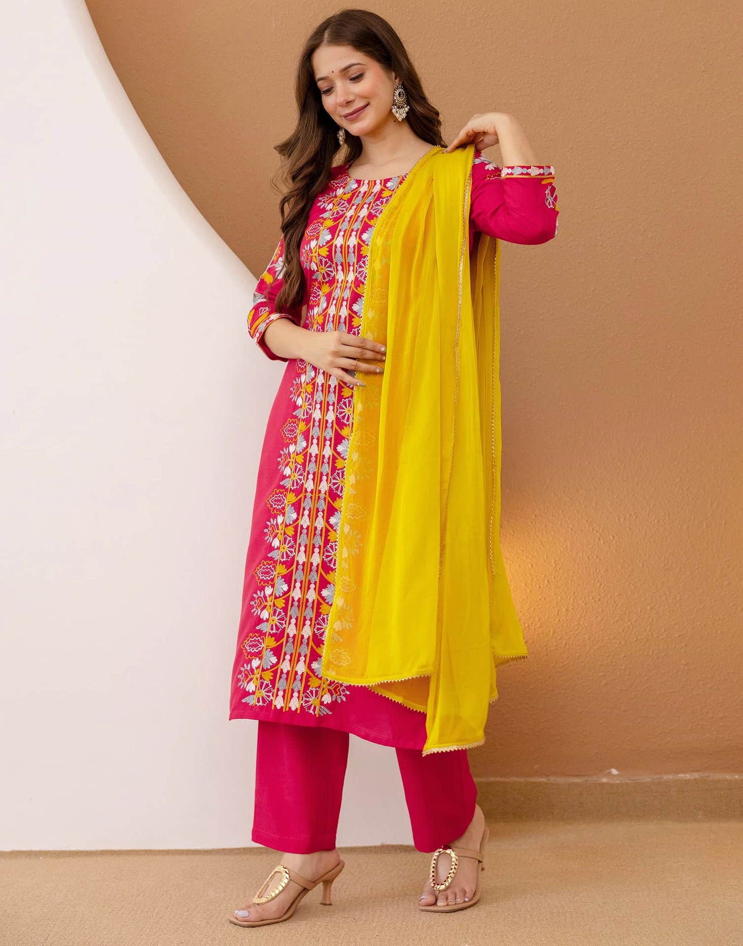 Cotton Blend Embroidered Straight Kurta with Pant & Dupatta