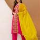 Cotton Blend Embroidered Straight Kurta with Pant & Dupatta