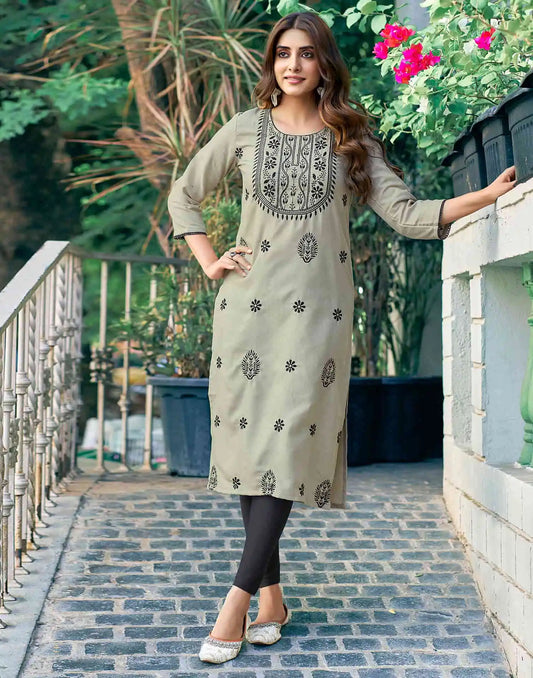 Cotton Embroidered Straight Kurti