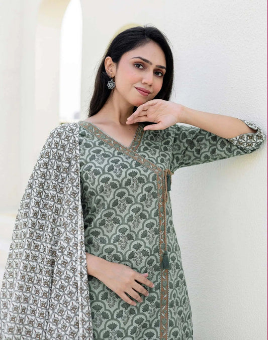 Cotton Printed, Tassels, Fabric Lace Straight Kurta with Pant & Dupatta