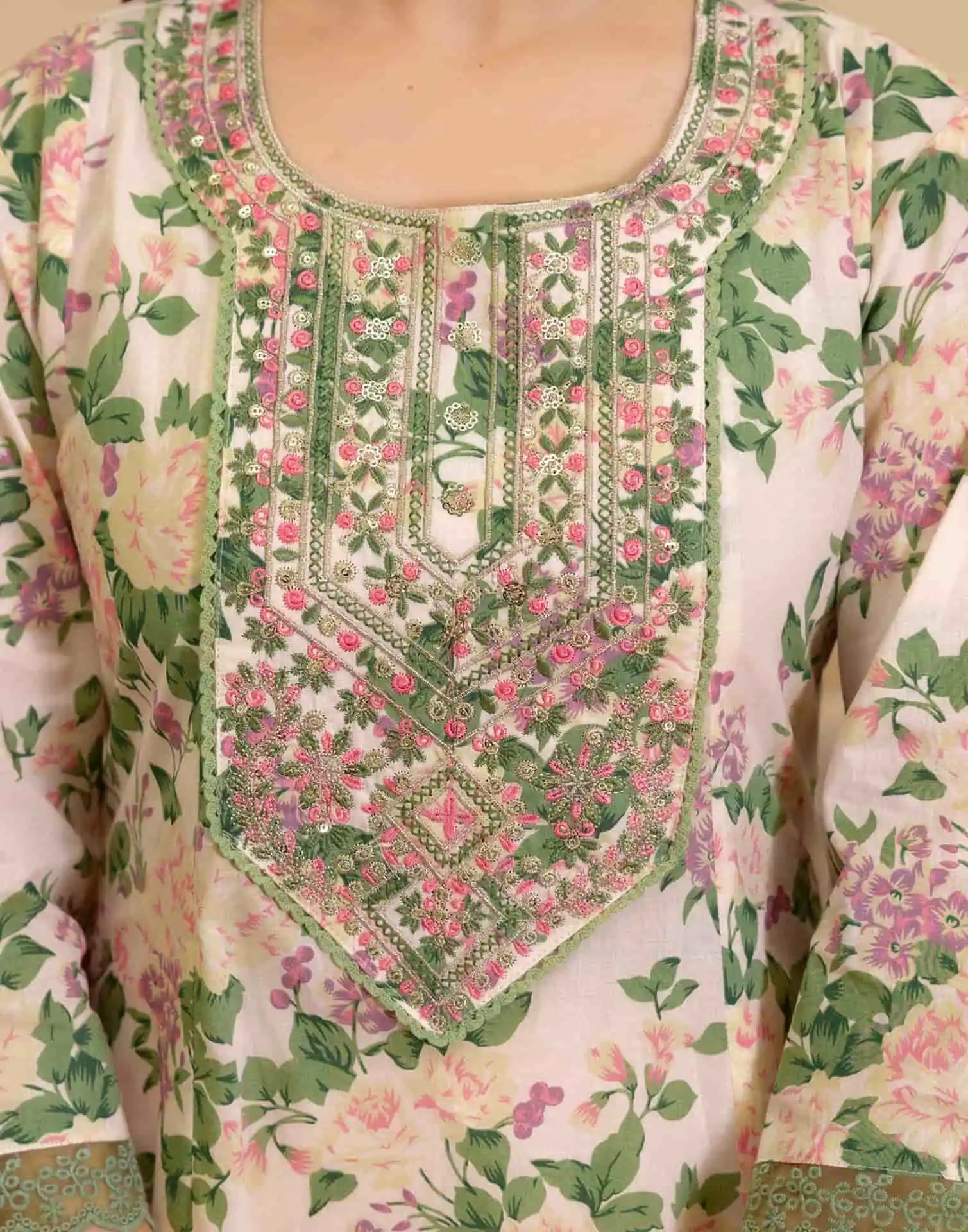 Beige Cotton Printed Anarkali Kurta with Pant & Dupatta