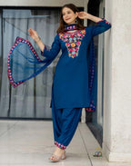 Skylee Poly Chinnon Embroidered Straight 3 Piece Kurta Set For Woman