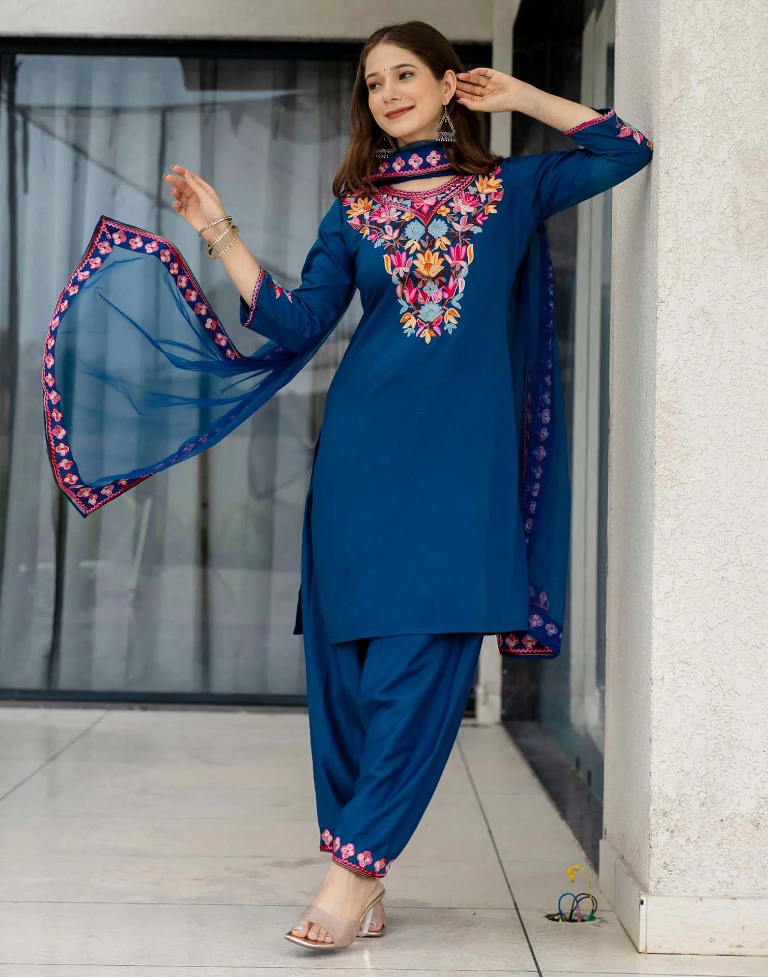 Skylee Poly Chinnon Embroidered Straight 3 Piece Kurta Set For Woman