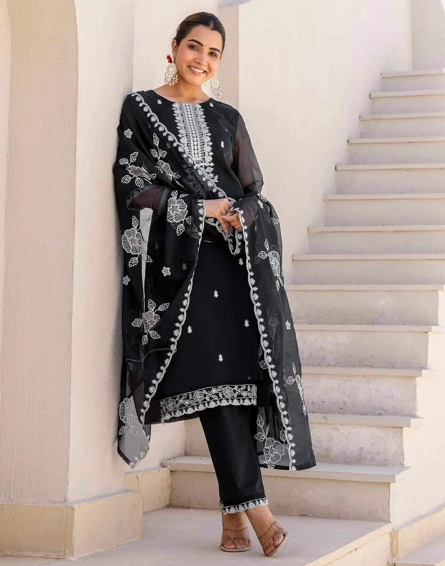 Skylee Black Silk Embroidered Straight Kurta Set for Women