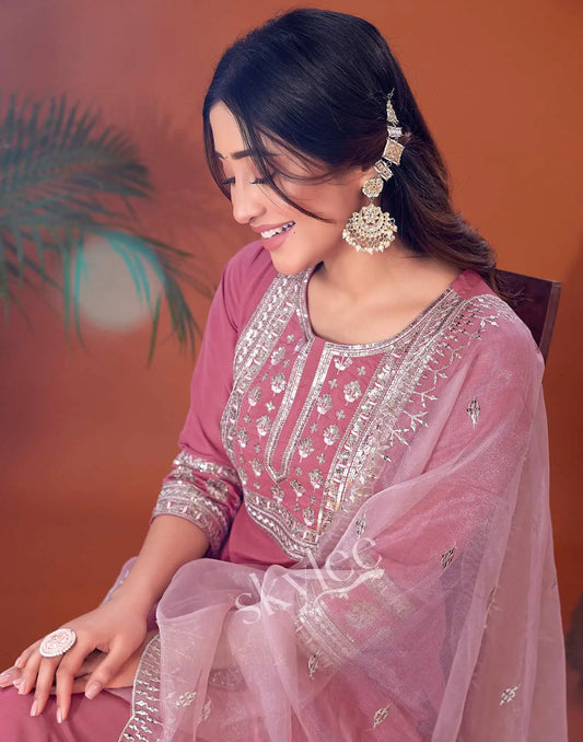 Cotton Blend Embroidery and Sequins Work A-Line Kurta with Pant & Dupatta