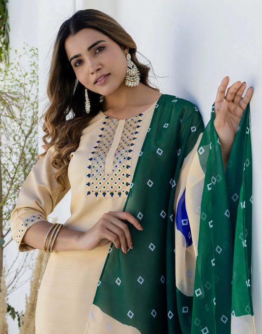 Silk Embroidery and Sequins Work, Embroidery Lace Straight Kurta with Pant & Dupatta