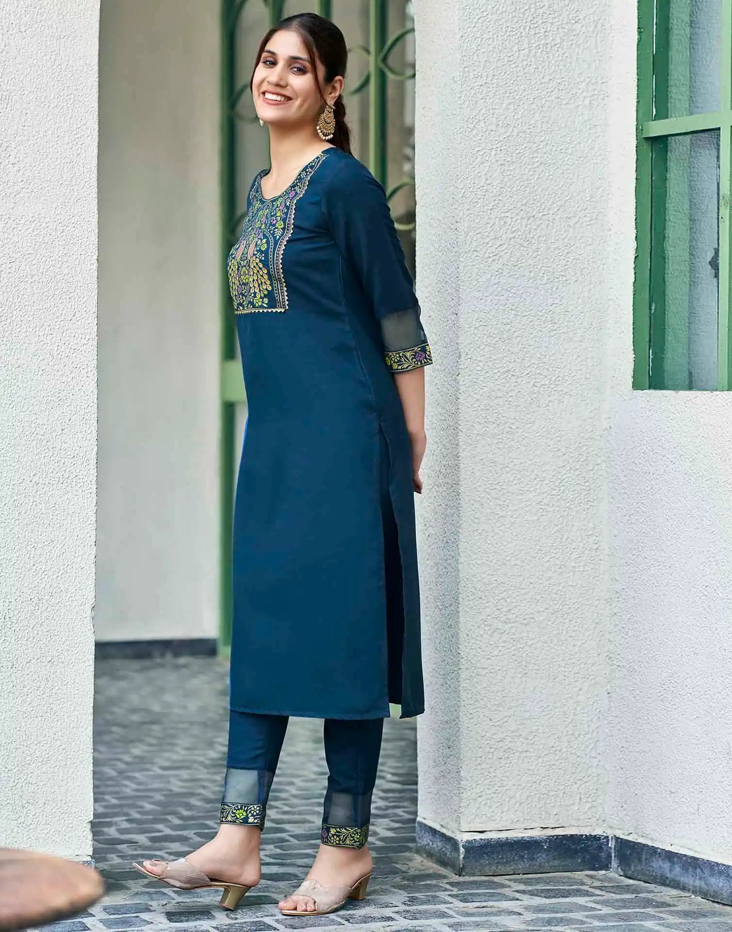 Cotton Blend Foil Printed and Gota Lace Straight Kurta with Pant & Dupatta