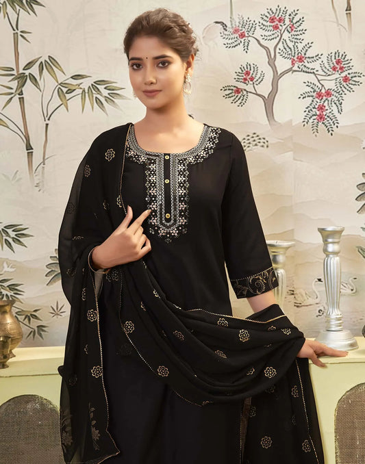 Cotton Blend Embroidered Straight Kurta with Pant & Dupatta