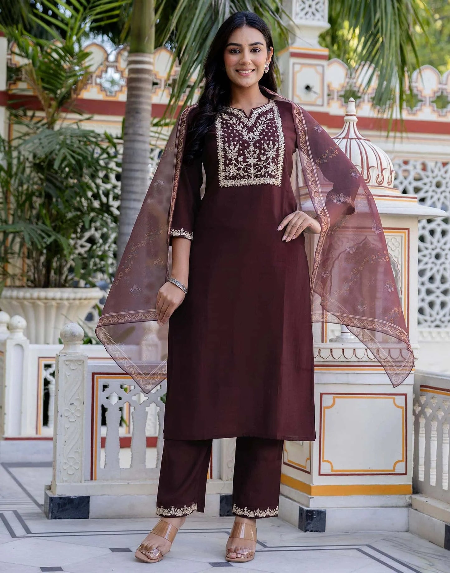 Skylee Brown silk straight kurta set with embroidery and sequins work with pant and dupatta