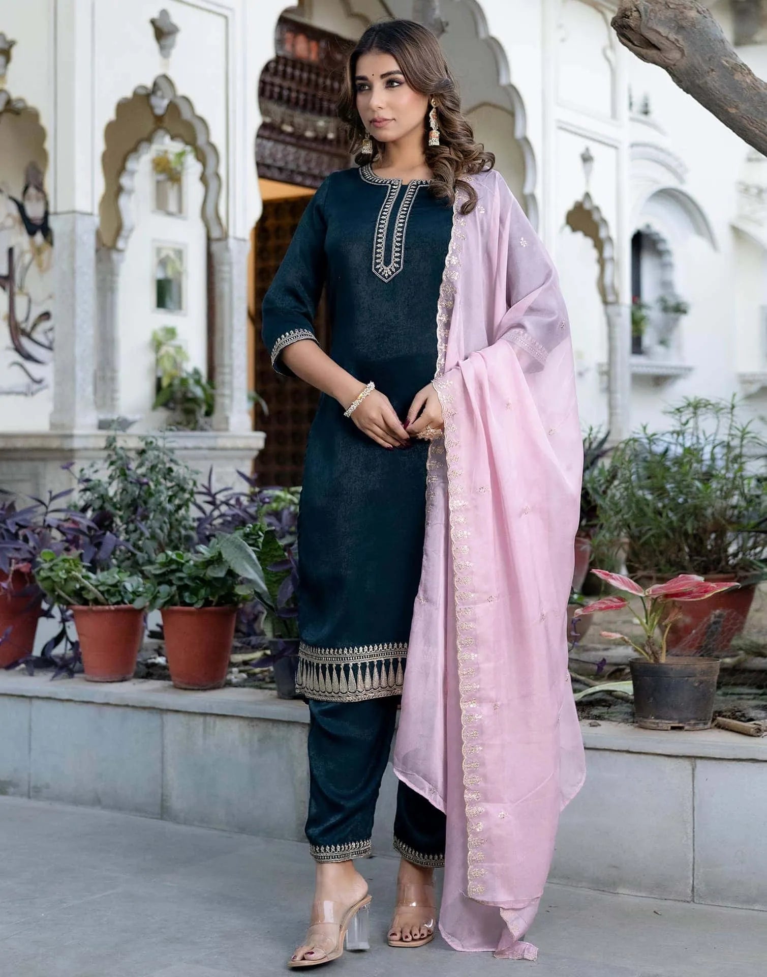 Skylee Velvet Embroidered Straight 3 Piece Kurta Set For Woman