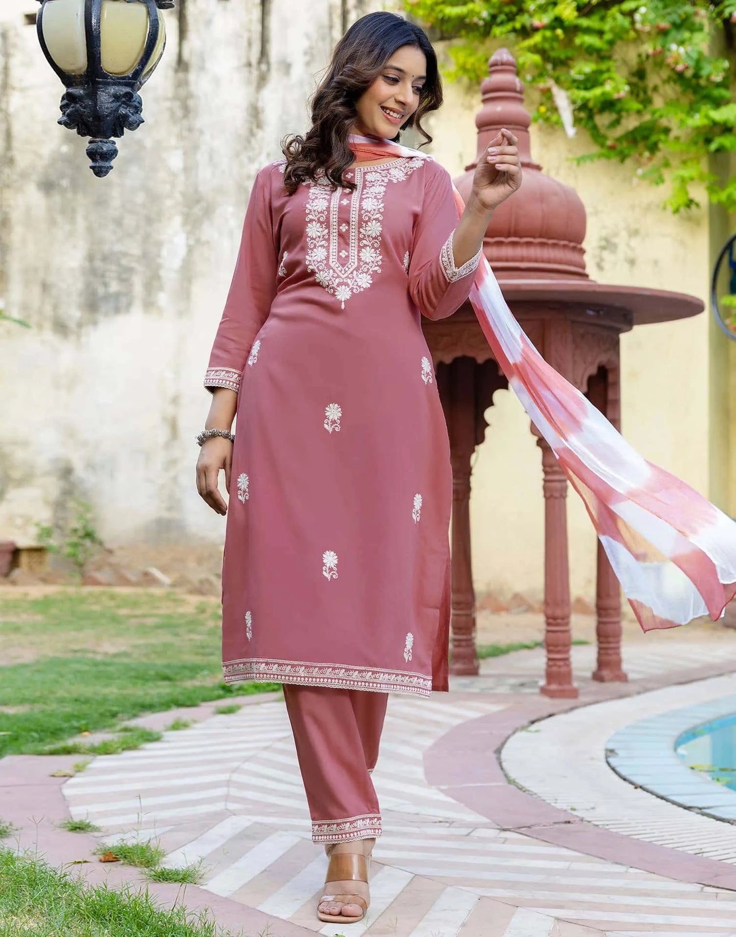 Rayon Embroidery, Sequins Work and Embroidery Lace Straight Kurta with Pant & Dupatta