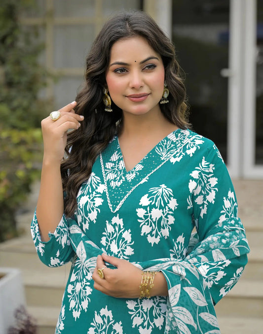 Cotton Embroidered V-Neck Straight Kurta with Pant & Dupatta