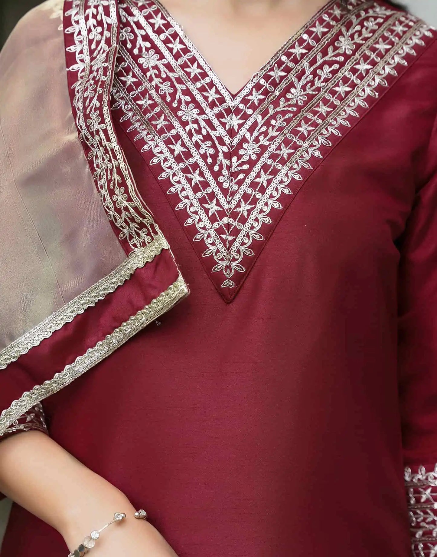 Silk Blend Sequins Embroidery Lace Straight Kurta with Pant & Dupatta