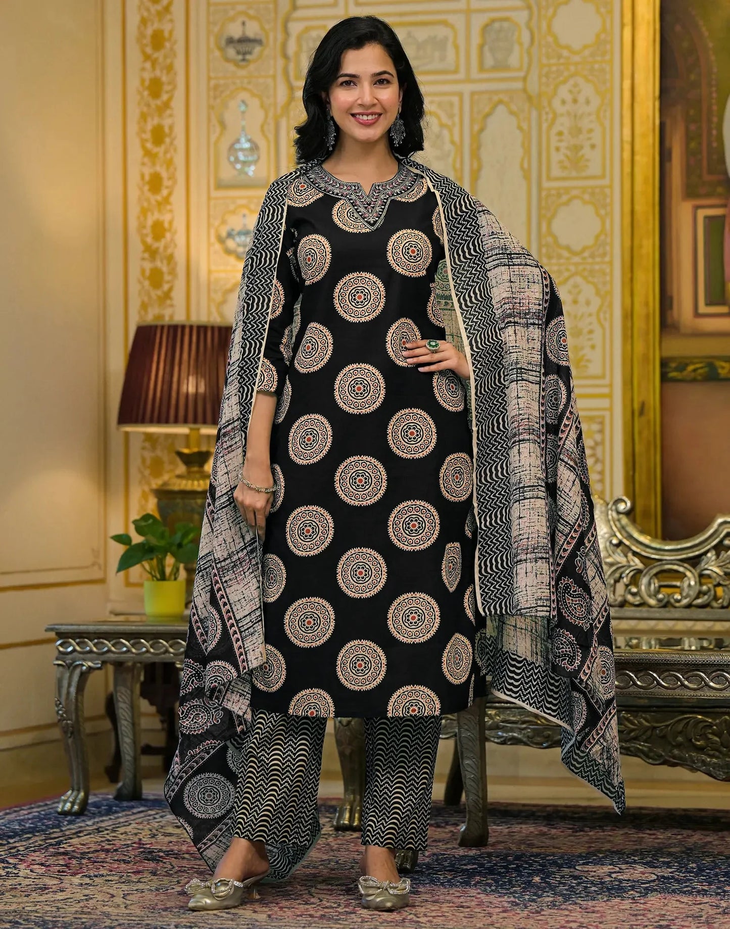 Cotton Embroidered V-Neck Straight Kurta with Pant & Dupatta