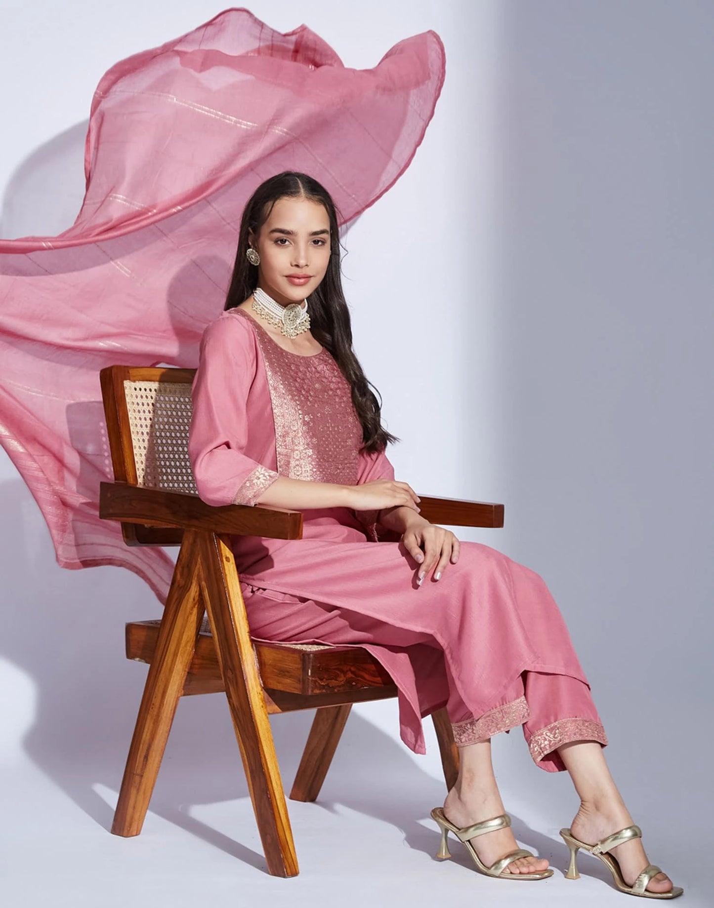 Silk Blend Weaving and Lace Straight Kurta with Pant & Dupatta