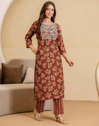 Skylee Viscose Rayon Embroidered Straight 3 Piece Kurta Set For Woman