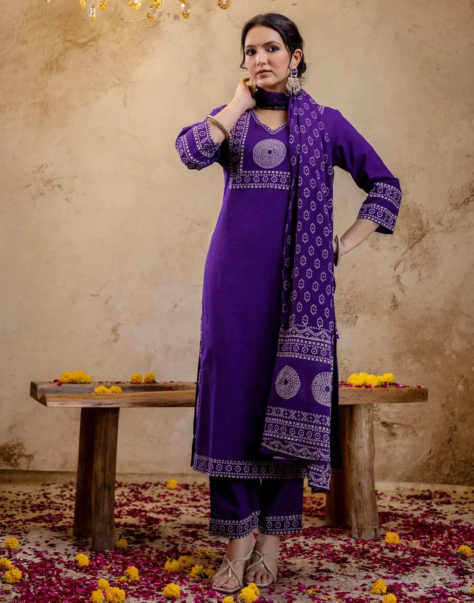 Affordable Purple Cotton Printed Straight Kurta Set Bandhani Print