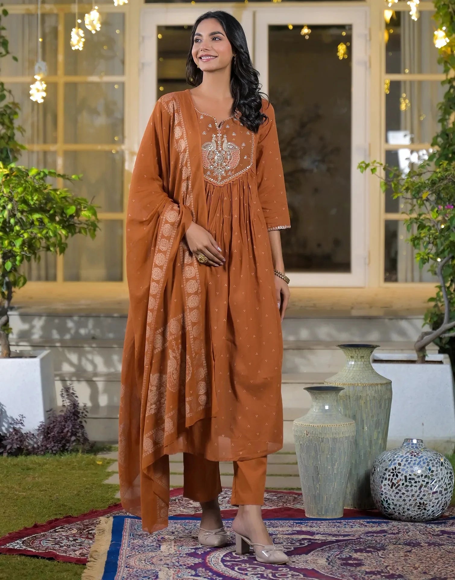Skylee Mul Cotton Embroidered A-Line 3 Piece Kurta Set For Woman