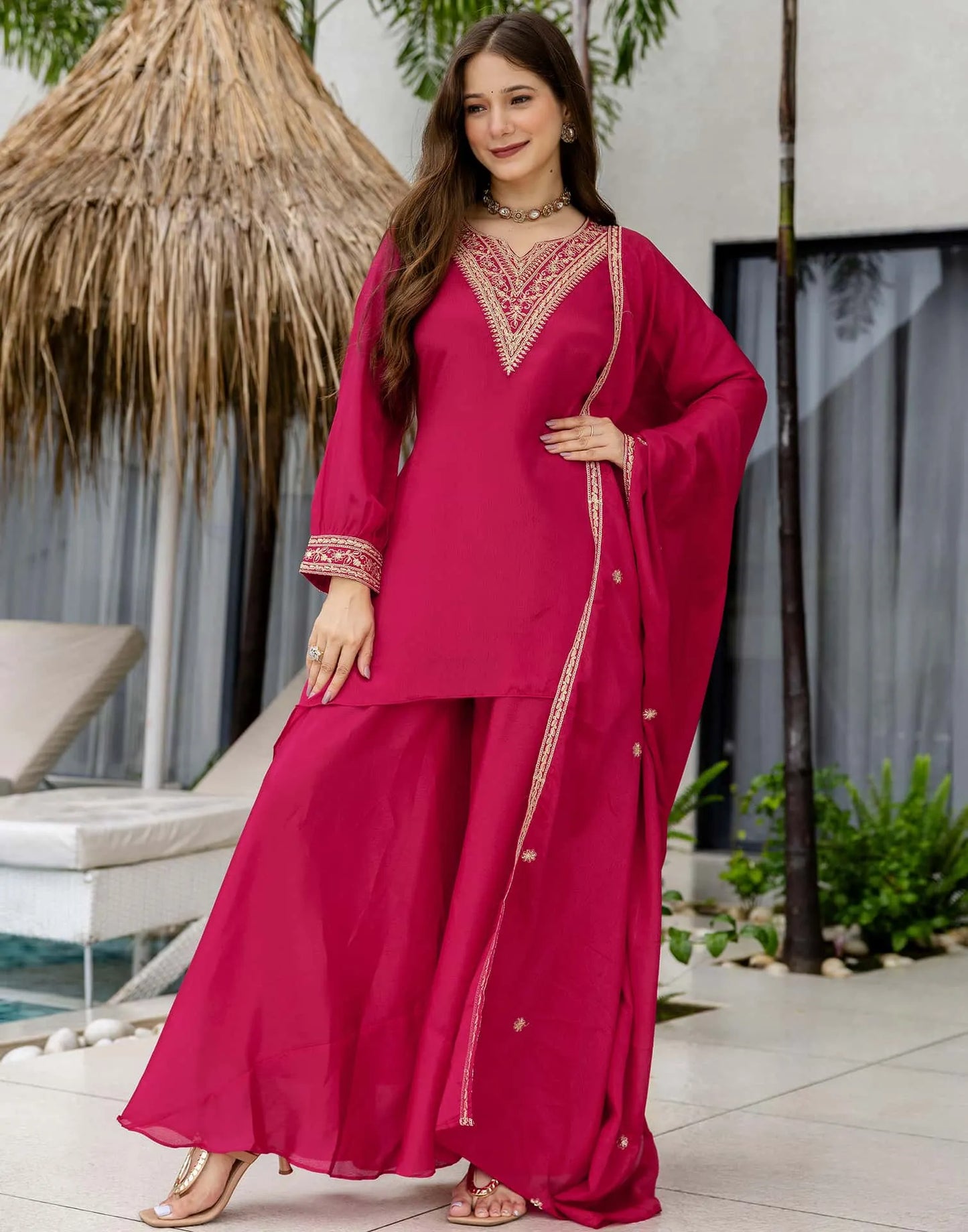 Silk Embroidered Straight Kurta with Pant & Dupatta